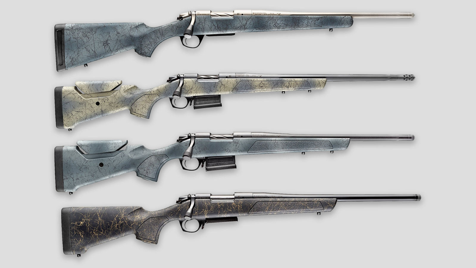 The new Bergara Rifles for 2024 (Stoke, Extreme Hunter, Extreme Sierra, and Wilderness Sierra) on a grey background