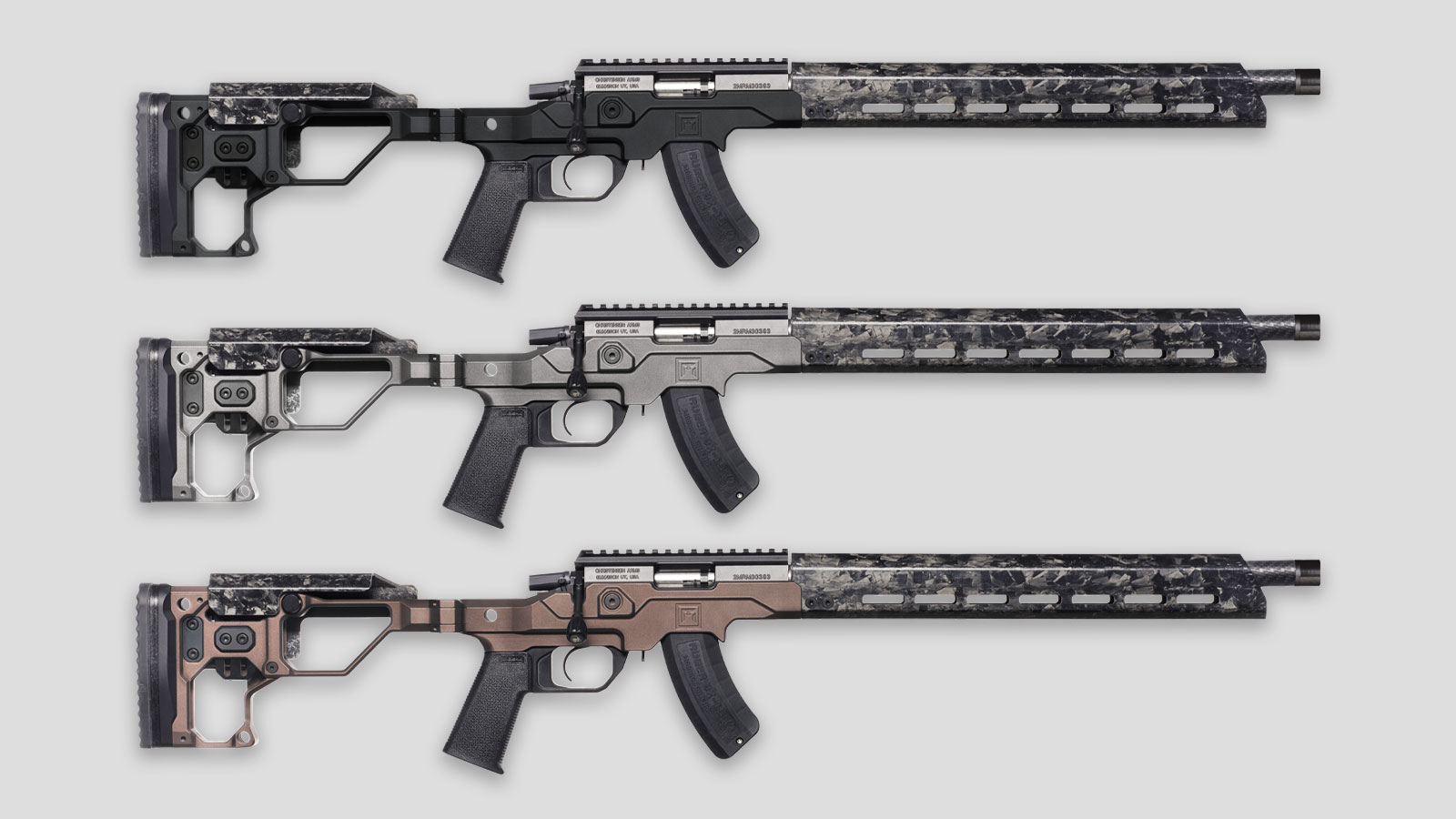 The Modern Precision Rifle Rimfire in all three colour options: Tungsten Cerakote, Desert Brown, and Black Annodized