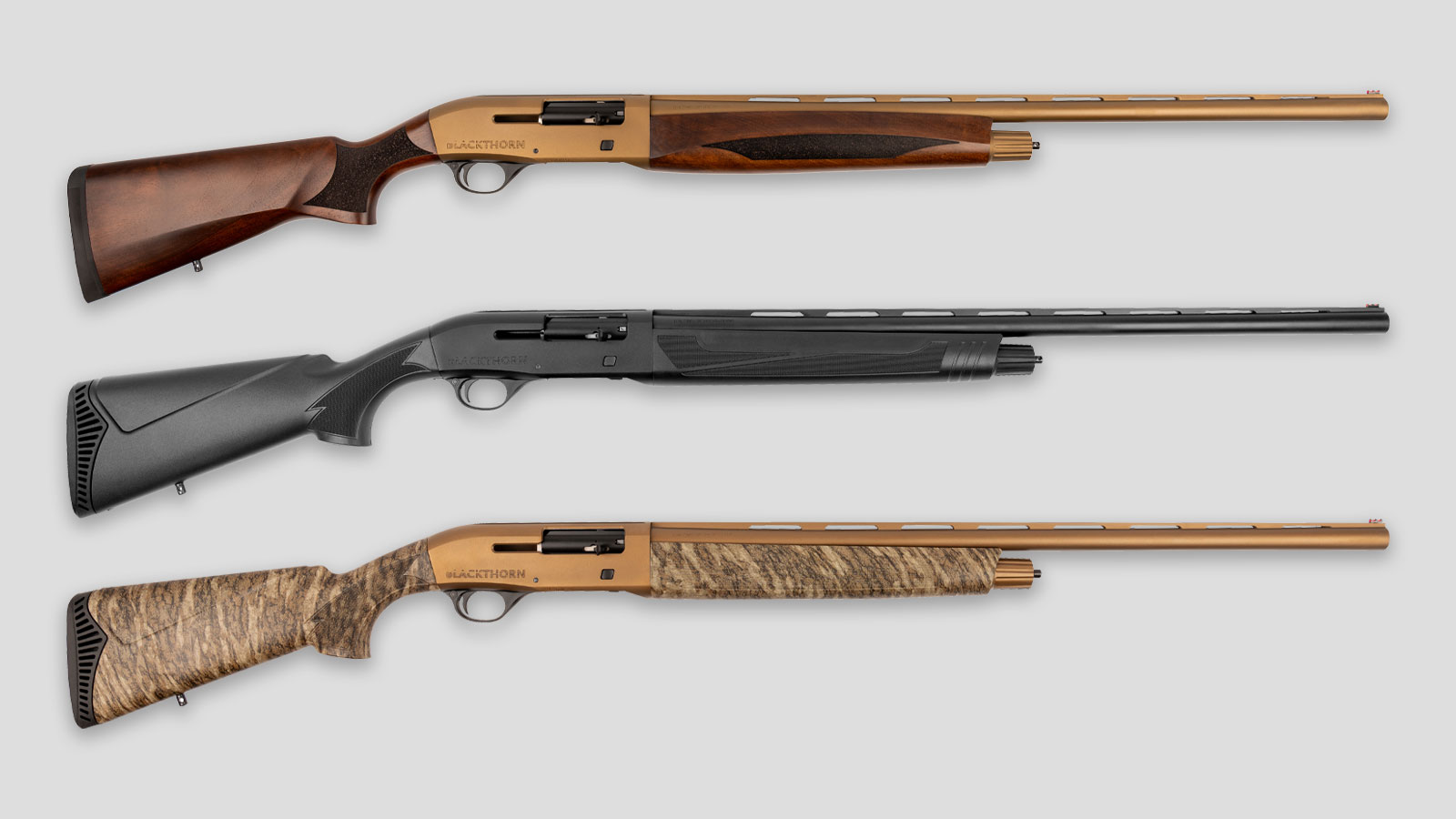 All three models of the EB Arms semi-automatic shotgun (Black Synthetic, Bronze Camo, and Bronze Walnut) on a grey background.