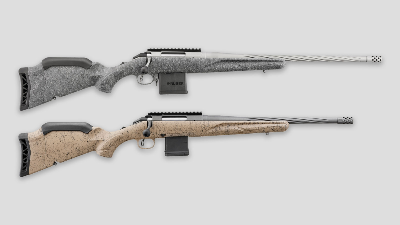 Ruger American Generation II Ranch and Standard model bolt action rifles on a grey background