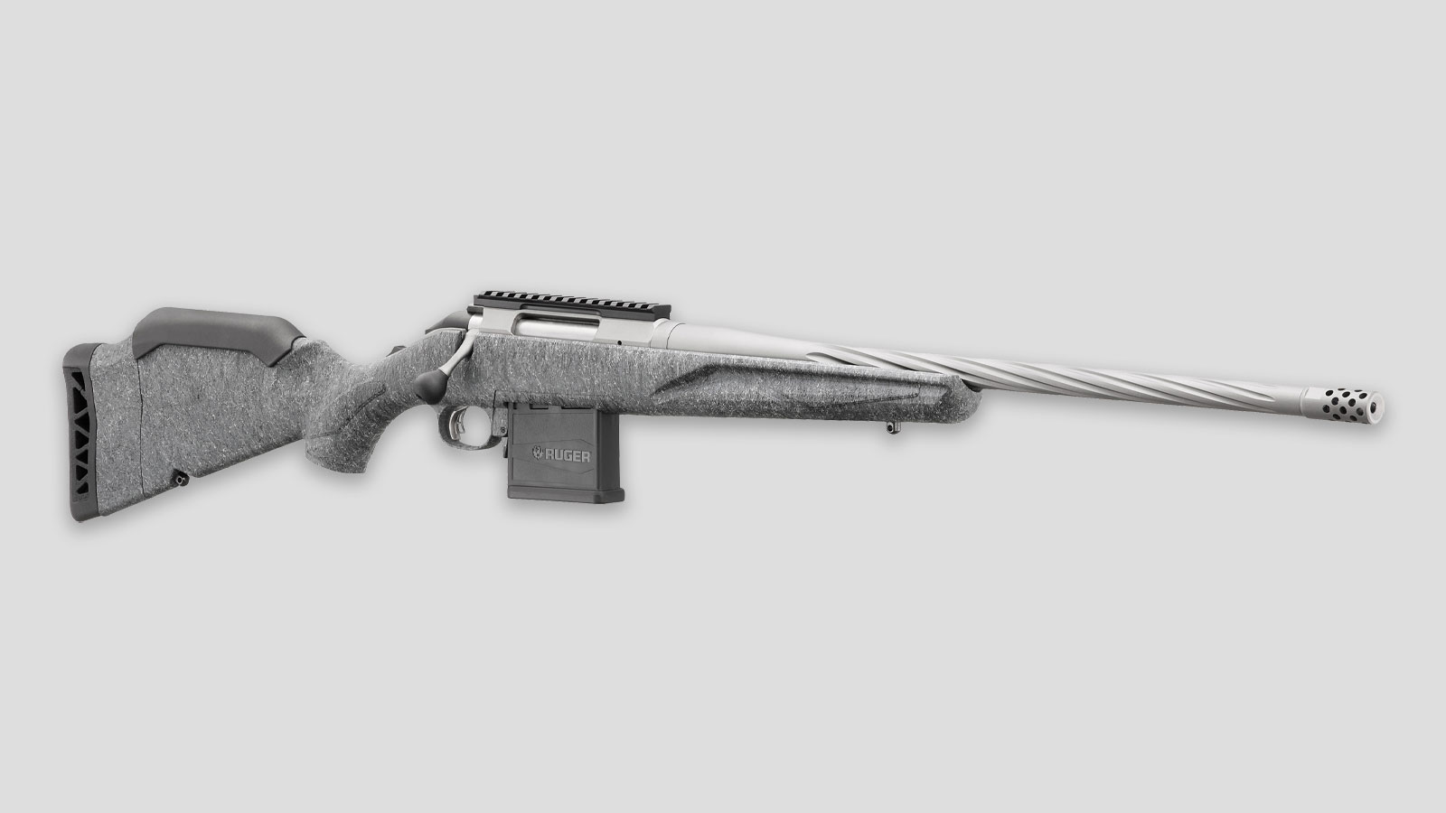 Ruger American Generation II Standard model bolt action rifle on a grey background